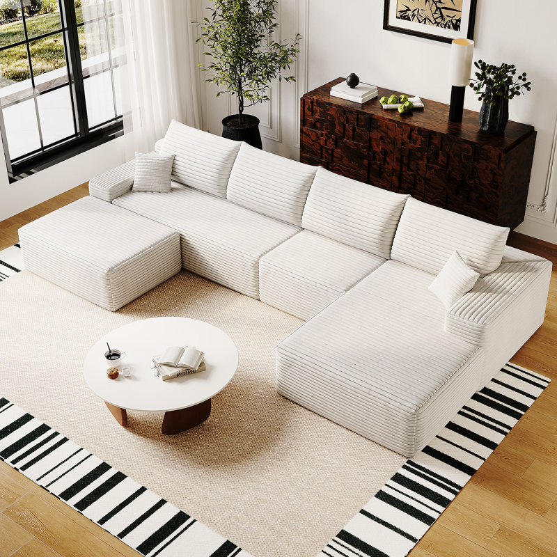 135" Corduroy Sectional Boneless Couch with Right Facing Chaise & Ottoman, No Assembly Required, U Shaped Modular Sectional Sofa, Cozy Compression Couch for Living Room, Apartment