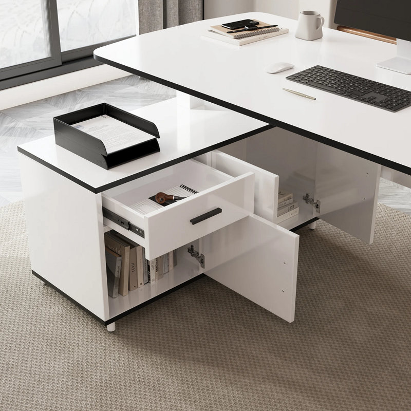 Bureau debout électrique moderne à hauteur réglable en L avec 3 portes et tiroir, Blanc