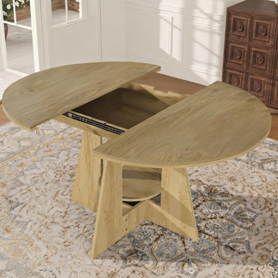 Extendable Round-to-Oval Dining Table, 43.3-59 in, Seats 4-8, Sliding Rail Extension, Wood Grain Farmhouse Pedestal Base, Small-Space Friendly
