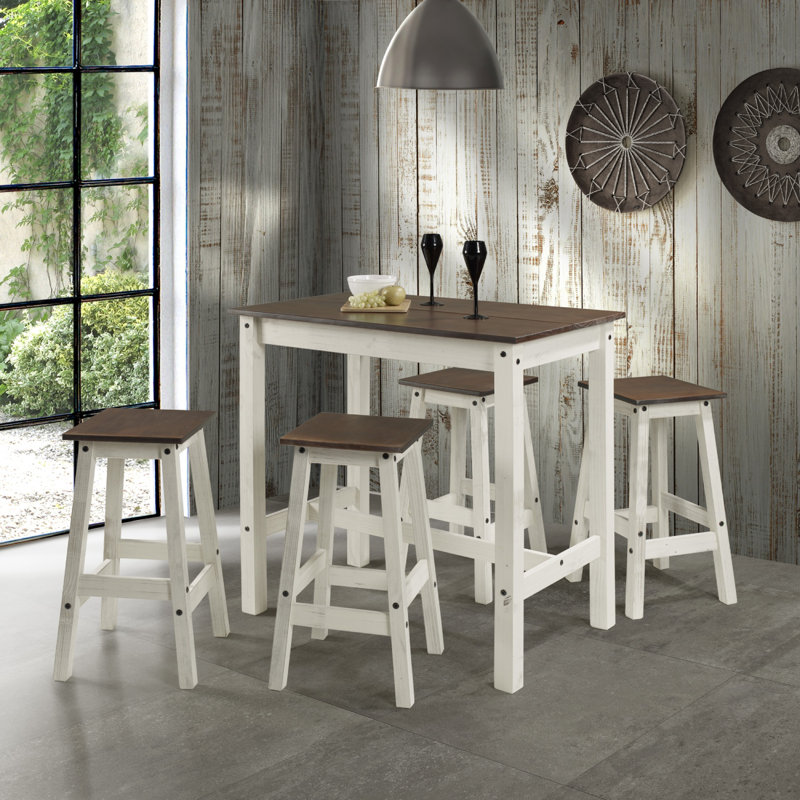 Poppy-Jo 4 - Person Pine Solid Wood Top Four Leg Dining Set, Brown/Antique White