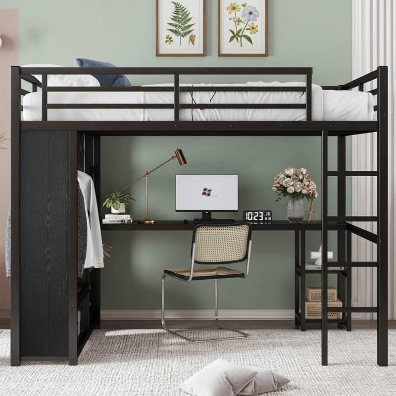 Loft Bed Frame With Built-In Wardrobe, Metal Loft Bed With Desk, Full