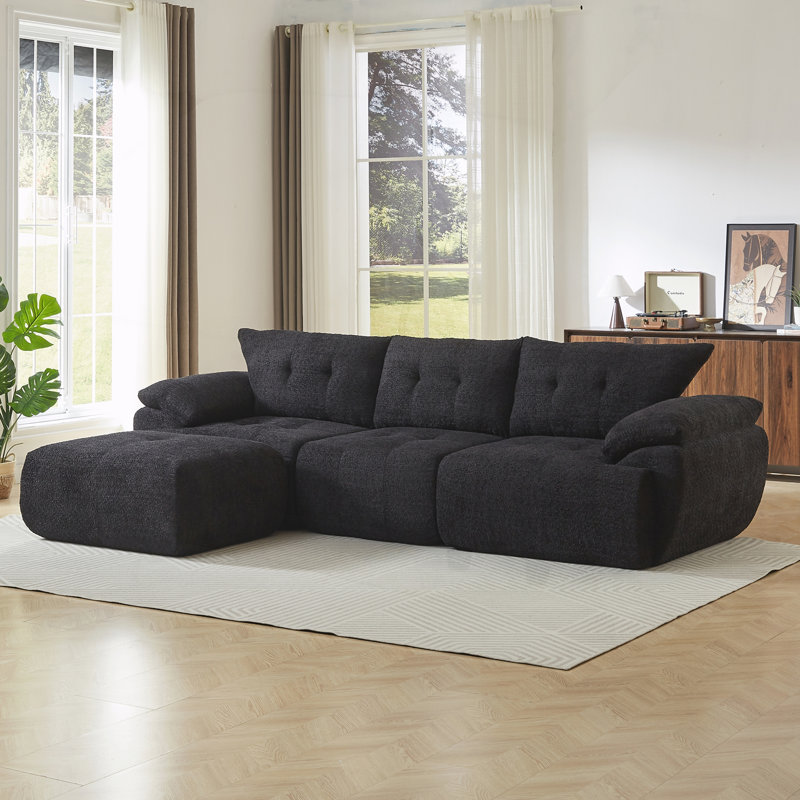 Grand canapé moderne 3 places, dossier rembourré, Black Fabric
