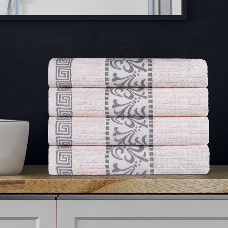 Mikira Athens Cotton Medium Weight Floral Border Greek Key Trim Bath Towel (Set of 4), Ivory/Chrome