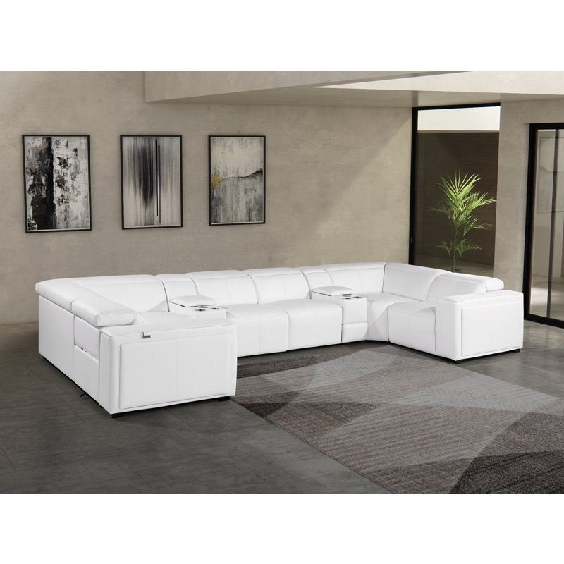 Top Grain Italian Leather 8-Piece U-Shaped Modular Power Reclining Sectional With 4 Power Recliners & Power Headrests – No Console