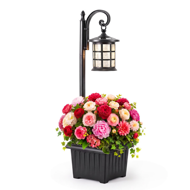 Solar Lamp Post with Planter, Crackle Glass