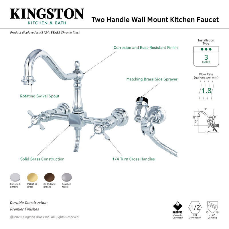 Kingston Brass Essex Double-Handle 3-Hole Wall-Mount Bridge Kitchen Faucet with Brass Sprayer