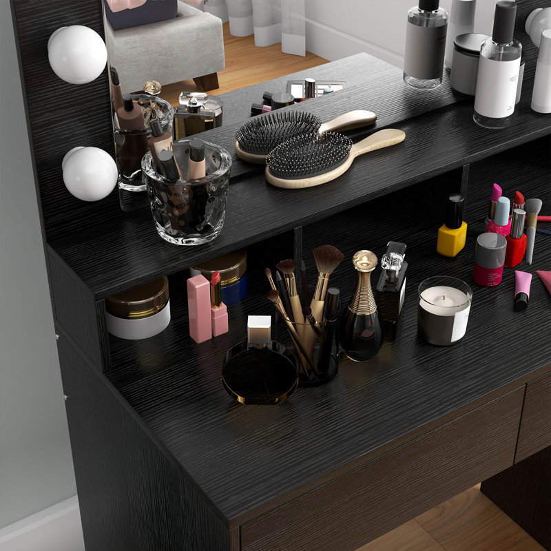 Coiffeuse avec miroir à DEL, bureau de maquillage avec 2 tiroirs, Noir