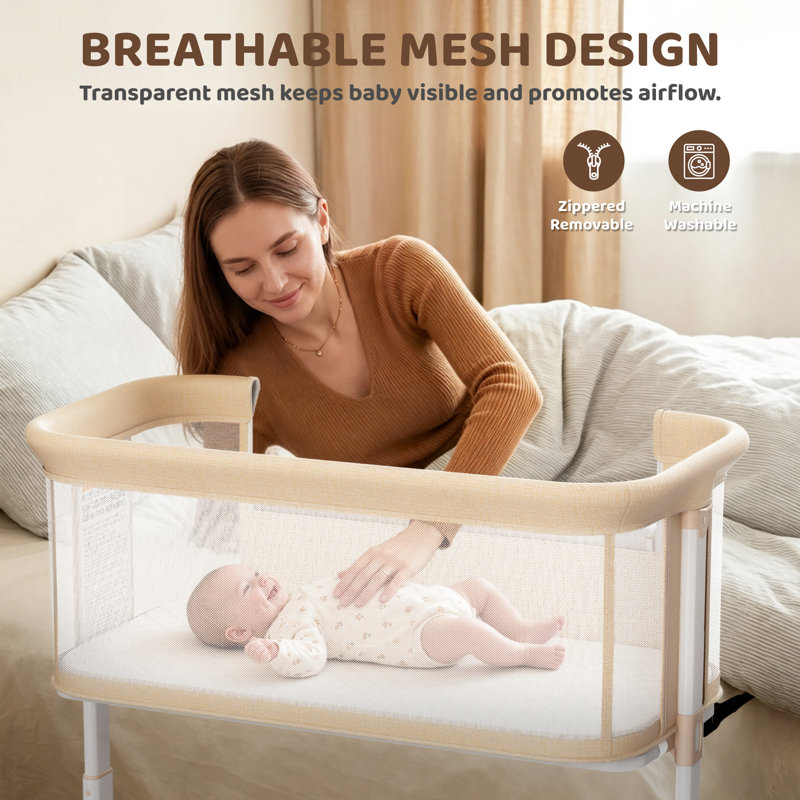 Baby Bassinet 2 in 1 Bedside Sleeper,Folding Portable w/Storage Basket, Beige