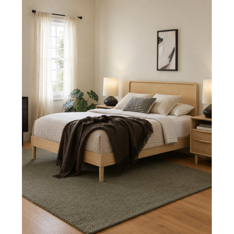 Tessa Wooden Queen Bed Natural Oak, Yellow, Queen