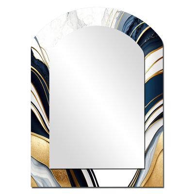 Abstract Geode Waves Blue And Gold III - Abstract Arch Large Wall Mirror, Blue Asymmetrical Decorative Mirror, Printed Metal Art