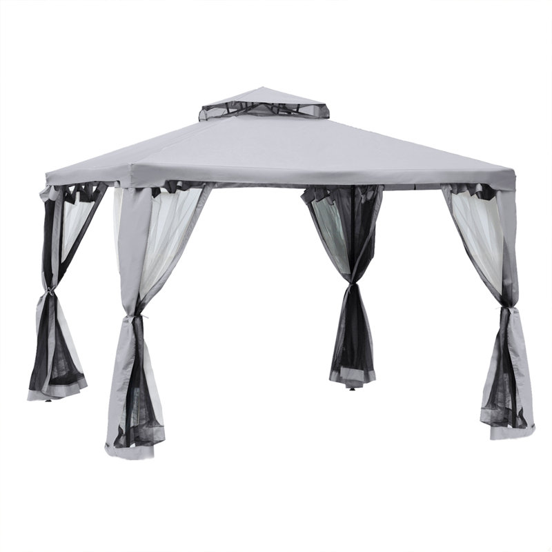 Patio Gazebo, Outdoor Canopy Shelter With 2-Tier Roof And Netting, Steel Frame, Gray, Black, 8.7" H x 9.6" W x 9.6" D