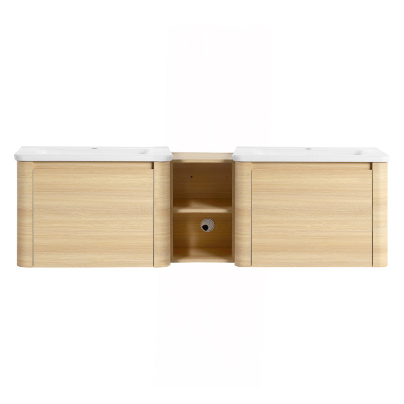 Meuble-lavabo mural de 68 po avec lavabo en céramique blanche et tablettes de rangement et 2 portes à fermeture en douceur, emballage KD, contreplaqué, chêne blanc américain