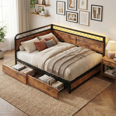 Industrial Corner Daybed With LED Lights & Storage Drawer - Twin Size, 900Lb Capacity