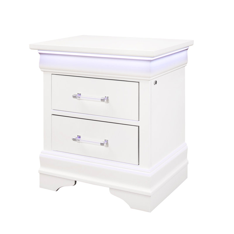 Table de chevet 2 tiroirs en bois massif blanc avec DEL