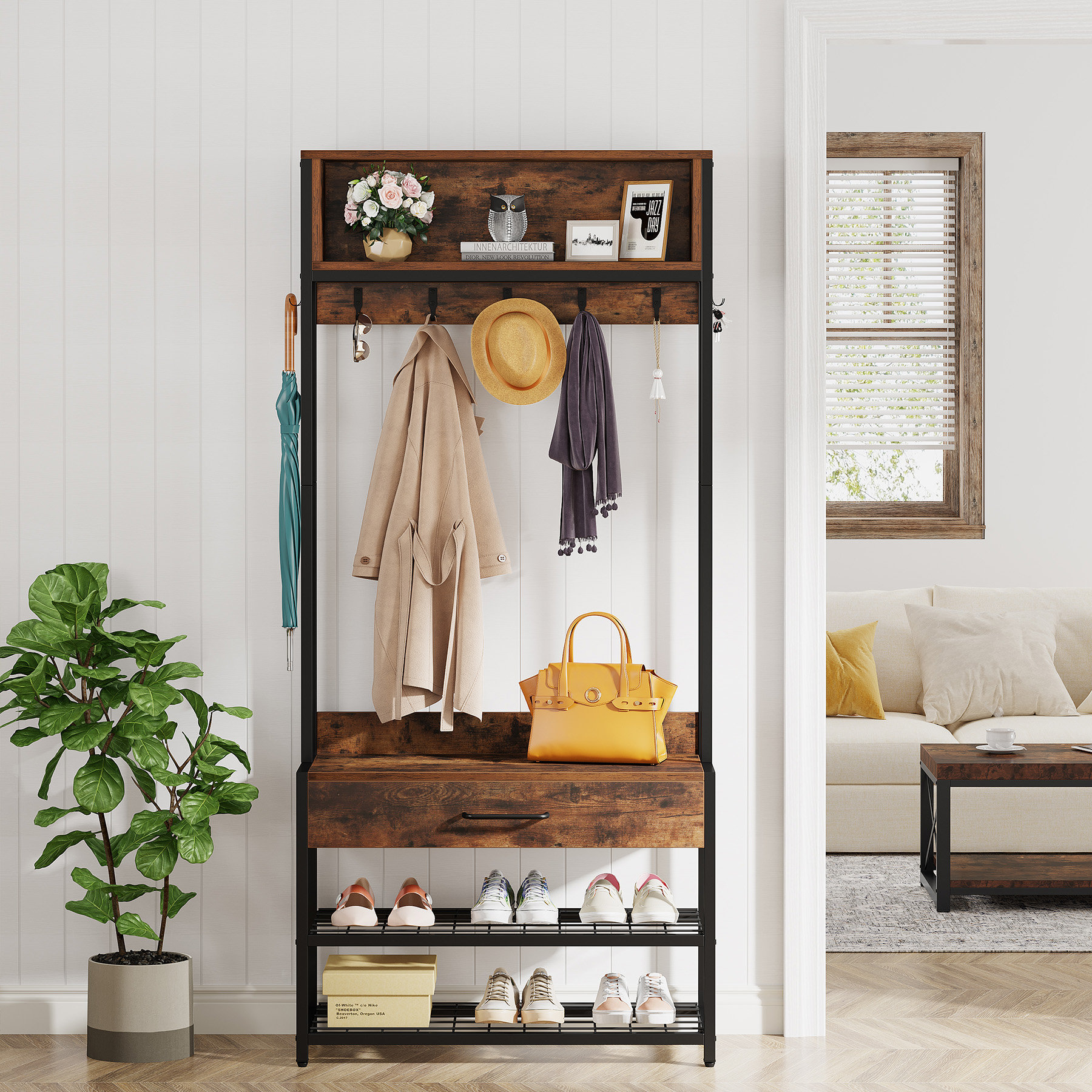 Industrial Hall Tree with Side Storage Shelves, Entryway Bench