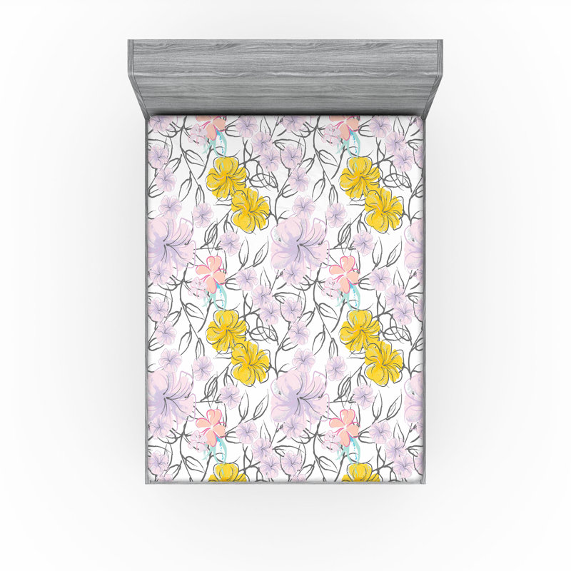 Drap-housse à motif floral Ambesonne, Moutarde, lavande, gris / floral, Drap-housse très grand californien