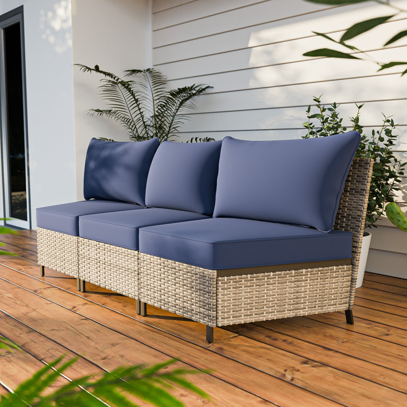 3-Seat Outdoor Wicker Patio Sofa with Cushion, Dark Blue