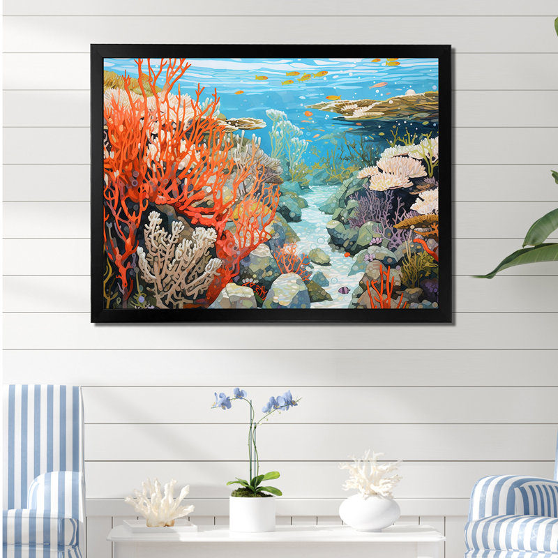 Corail et anémone III sur toile, Cadre photo noir, H 34 po x l 44 po