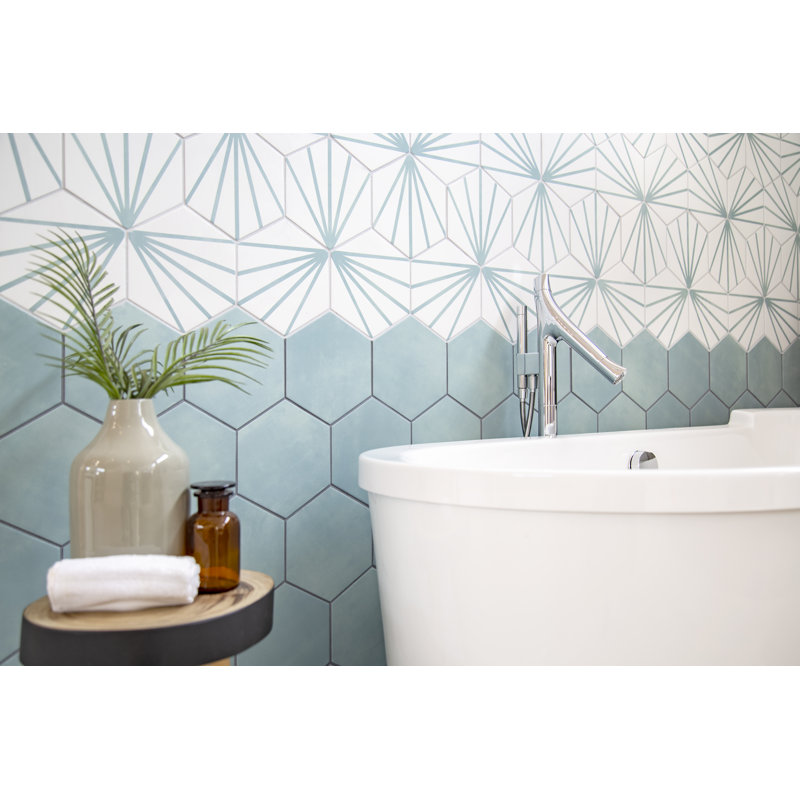 Geometric 8" x 9" Porcelain Patterned Wall & Floor Tile, Teal