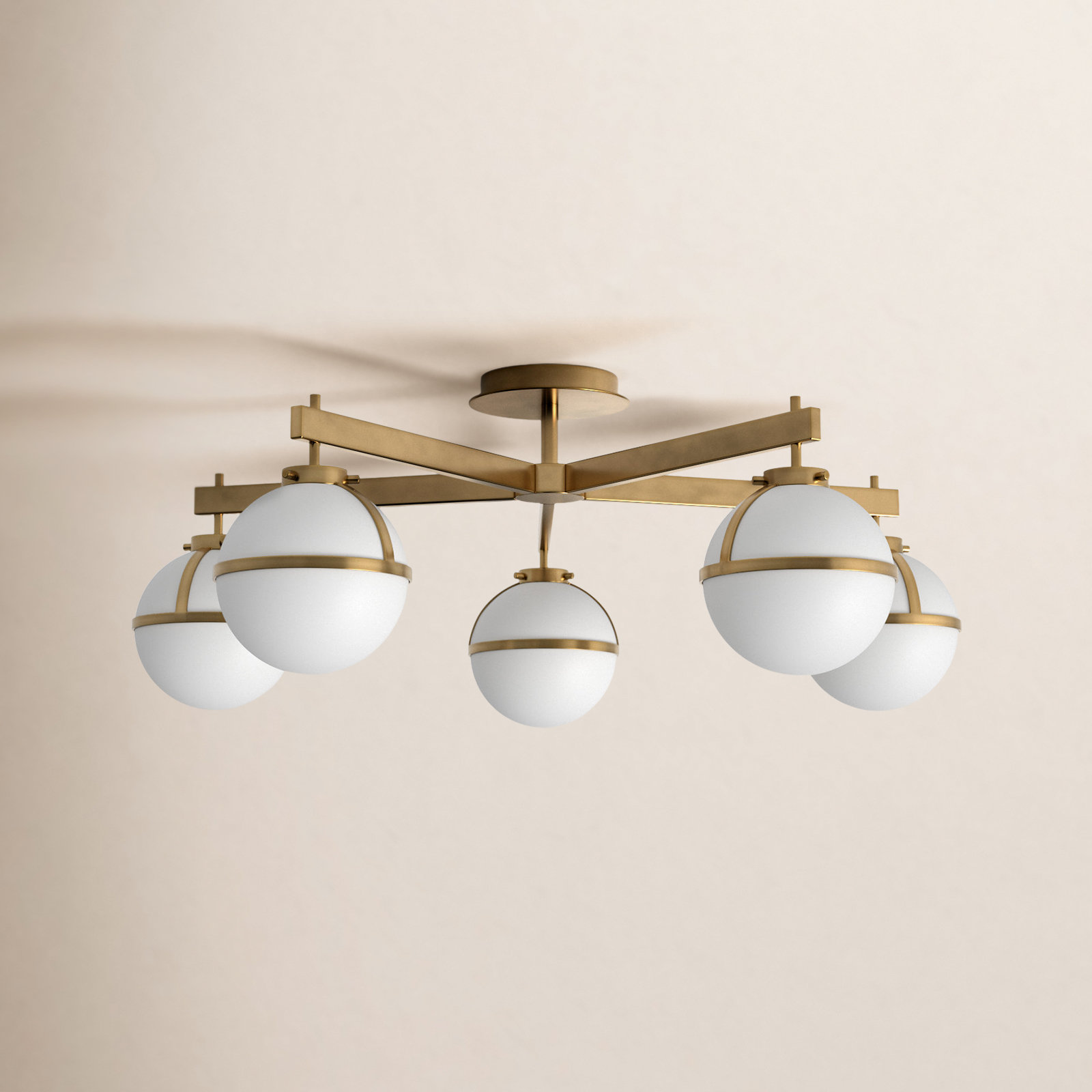 5 Light Glass Semi Flush Mount, Heritage Brass