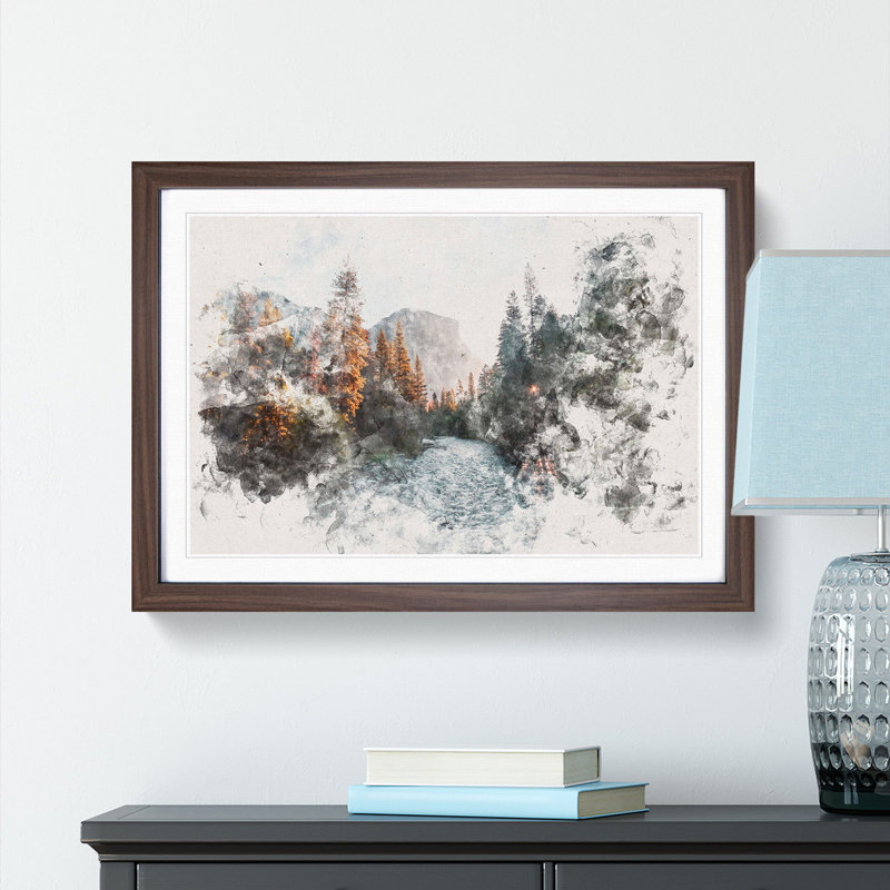 Yosemite Valley Sunrise Watercolour - Picture Frame Graphic Art Print, 45cm H x 63cm W x 2cm D, Walnut Framed