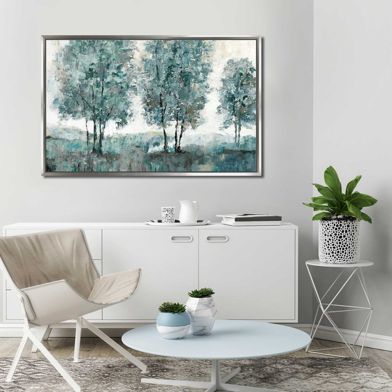 Sentinelle bleu sarcelle par - Peinture, Cadre flottant argent, H 39,5 po x l 63,5 po x P 2 po