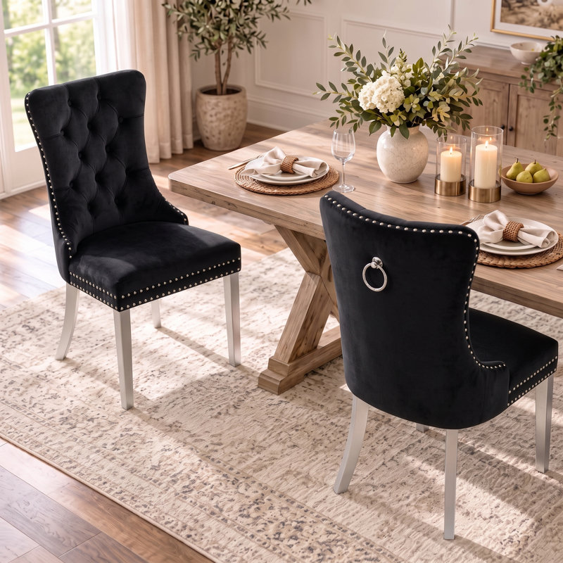 Chaise de salle à manger moderne en velours avec dossier capitonné et garniture cloutée (lot de 2)