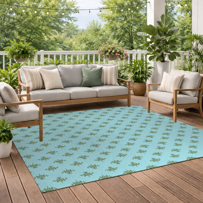 Flora Decorative Outdoor Rug, Blue, Rectangle 8' x 10'