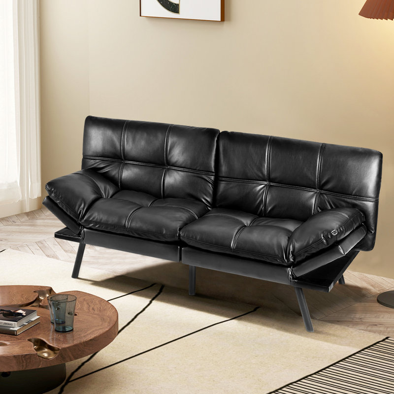 71" Faux Leather Futon Sofa Bed with Adjustable Arms for Living Room, Similicuir noir vif