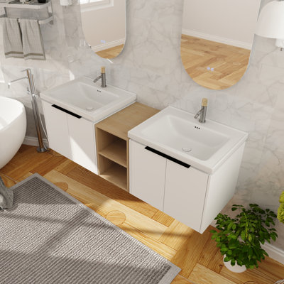 Meuble-lavabo mural double 59,65 po avec plateau en céramique Devanshi
