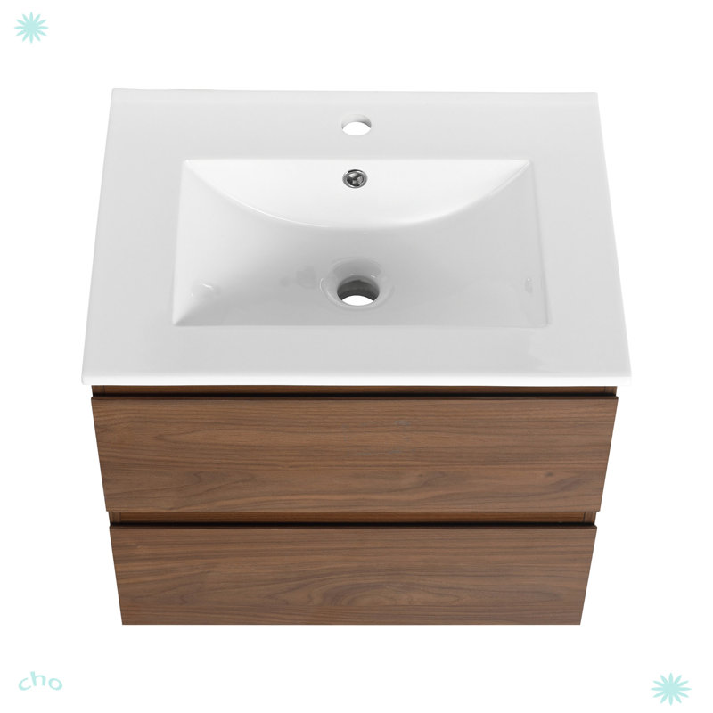 Meuble-lavabo mural 24 po avec lavabo en céramique, Chêne brun