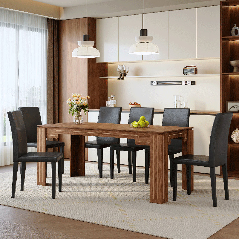 Ensemble de table et de chaises 7PCS, table de salle à manger rectangulaire en bois jumelée à 6 chaises rembourrées, Noyer