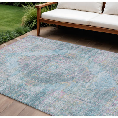 Tapis intérieur / extérieur lavable bleu et rose 10 pi x 14 pi Medallion