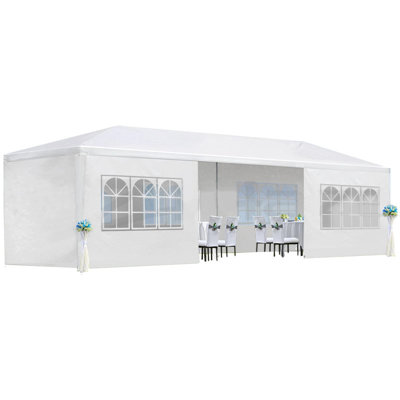 Tente de réception blanche 10 pi x 30 pi - Auvent imperméable avec 8 parois latérales amovibles pour les mariages en plein air, les barbecues et les rassemblements dans la cour
