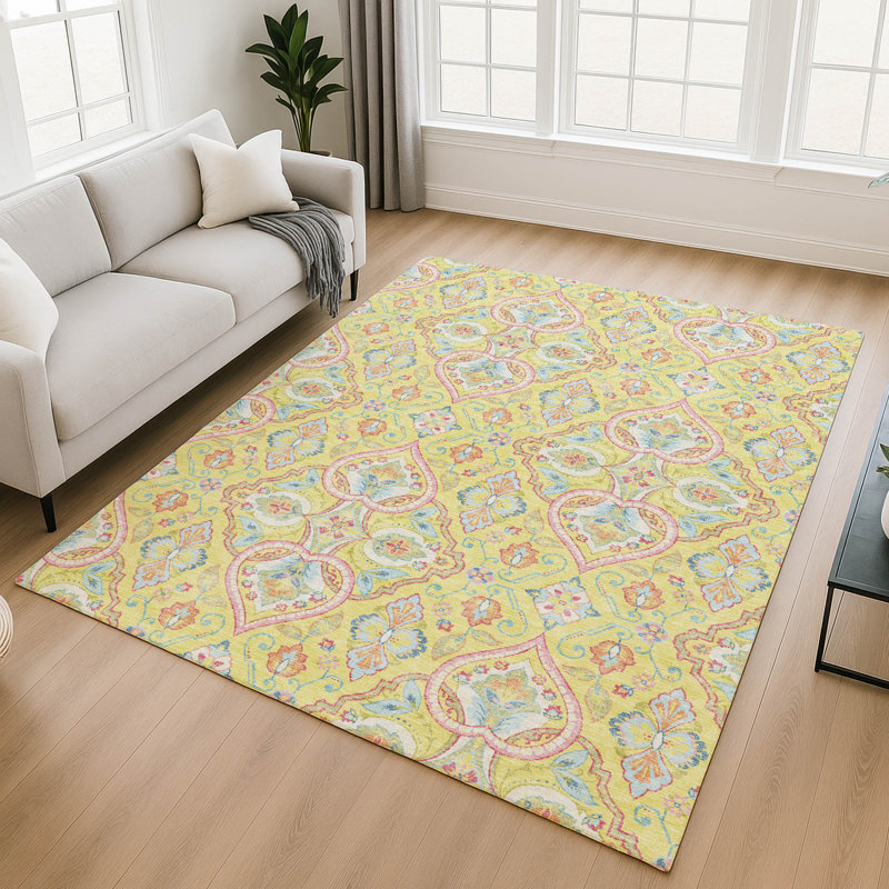 Tapis bohème de qualité supérieure lavable à la machine Mayfield AMF2207, Jaune, 5 pi x 7 pi 6 po