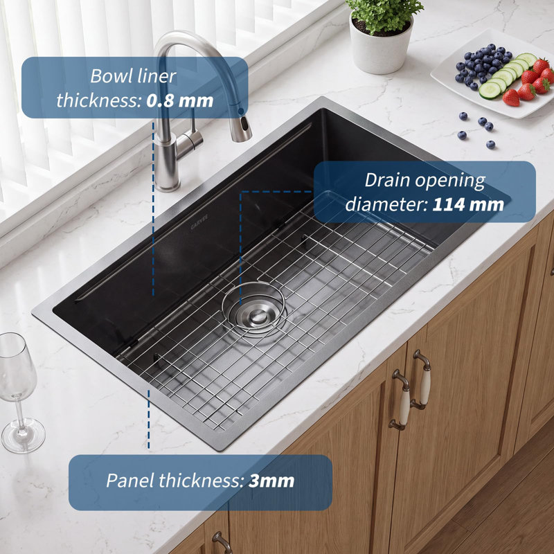 Évier de cuisine encastré en PVC 30 po, cuve simple de calibre 16 de 9 po de profondeur avec bonde à rainure en X et ensemble d'accessoires 5 pièces