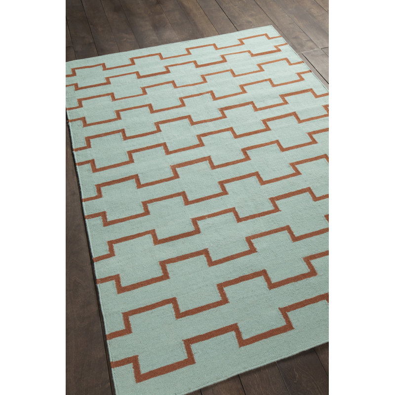 Chevella Authentic Handmade Green & Orange Reversible Geometric Wool & Cotton Flatweave Indoor Area Rug, Rectangle 3' x 5'