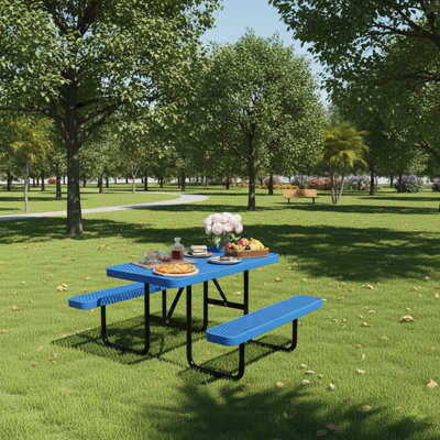 Outdoor Thermoplastic-Coated Commercial Picnic Table for 4-6, Coated Metal Picnic Table Heavy Duty, Rectangular