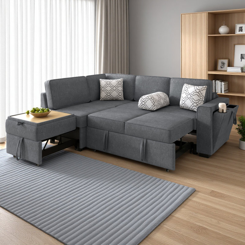 Canapé-lit modulaire convertible en L de L 83,9 po avec couchettes coulissantes doubles, table rabattable, ports USB, porte-gobelet et rangement pour le salon