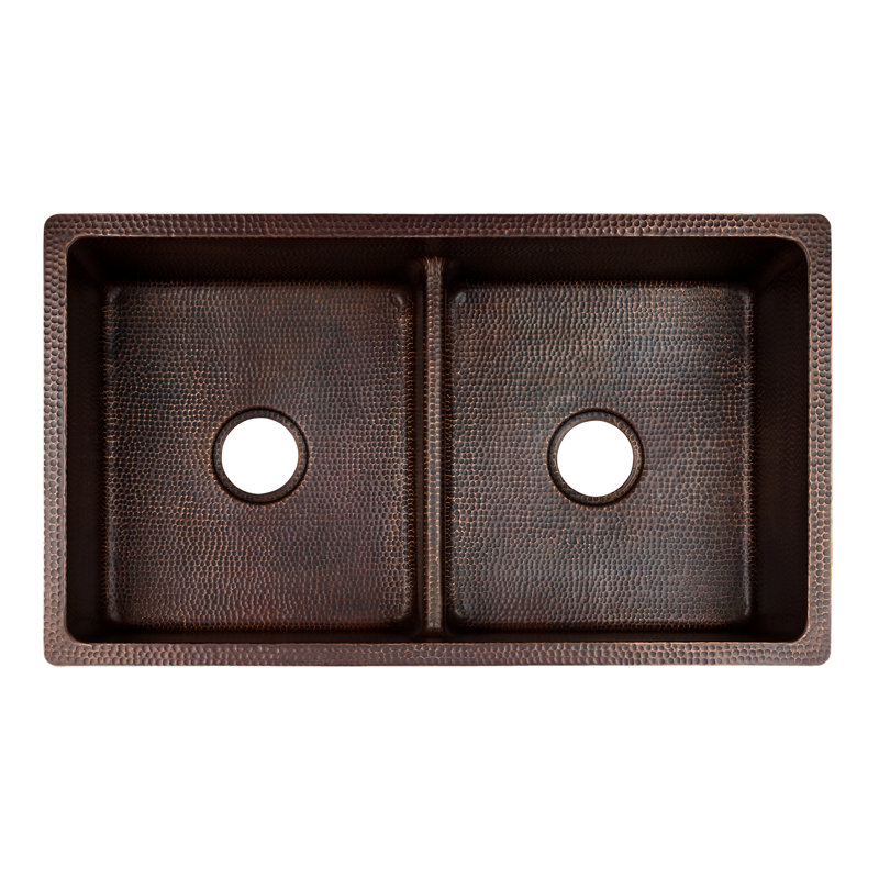 33" Hammered Copper 50/50 Double Basin Kitchen Sink with Short 5" Divider