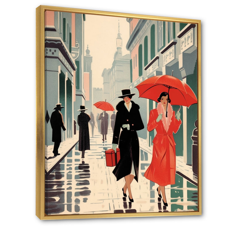 Art déco avec un parapluie rouge sur toile, H 44 po x l 34 po x P 1,5 po, Cadre flottant doré
