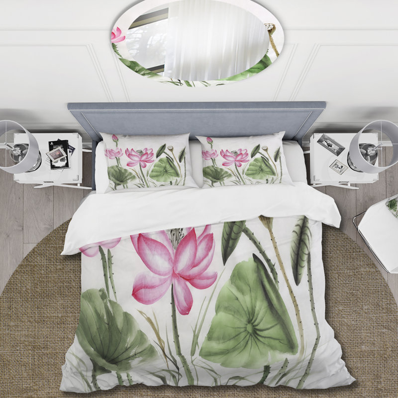 Ensemble de housse de couette Traditional Vintage Lotuses In The Pond II - microfibre de polyester