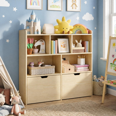 Kids Toy Storage Organizer with 5 Cubbies & 3 Rolling Drawers, 2-in-1 Bookshelf with Anti-Tip Kit for Playroom & Nursery, Natural