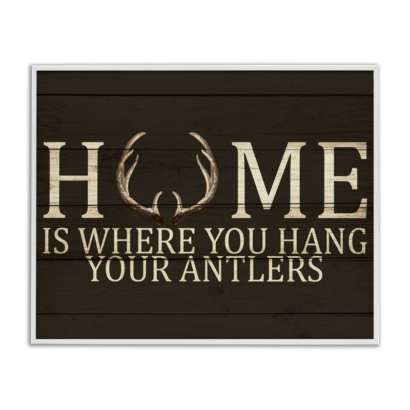 «Home You Where Hang Hang Antler», art textuel, H 24 po x l 30 po, Estampe numérique encadrée blanc bord de mer
