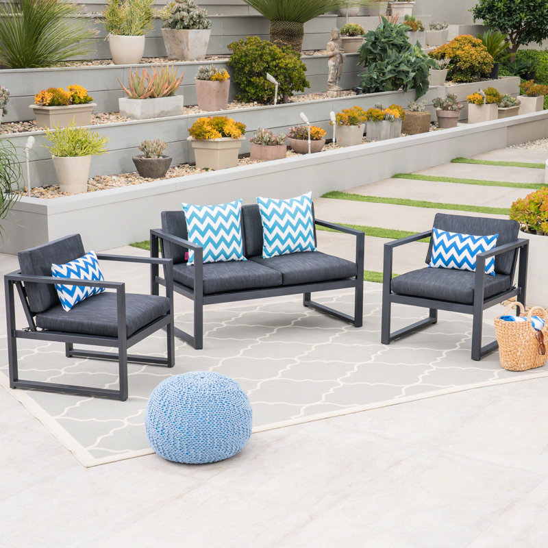 Chat rouille en aluminium 3 pièces gris foncé - Patio et cour arrière et 2 fauteuils club avec coussins