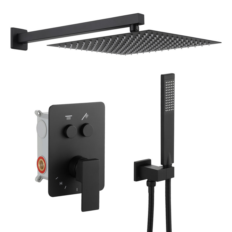Système de douche complet avec inverseur à bouton-poussoir de douche de pluie de 12 pouces noir