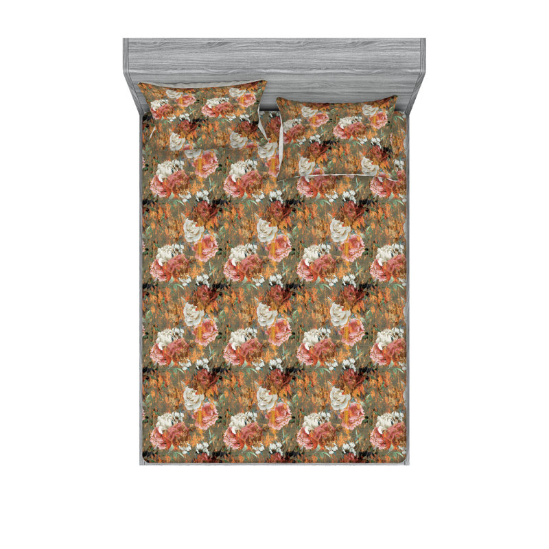 Ambesonne Fitted Sheet & Shams, Sage Green/Apricot/Pink Flower, King Sheet Set with 2 Pillowcases