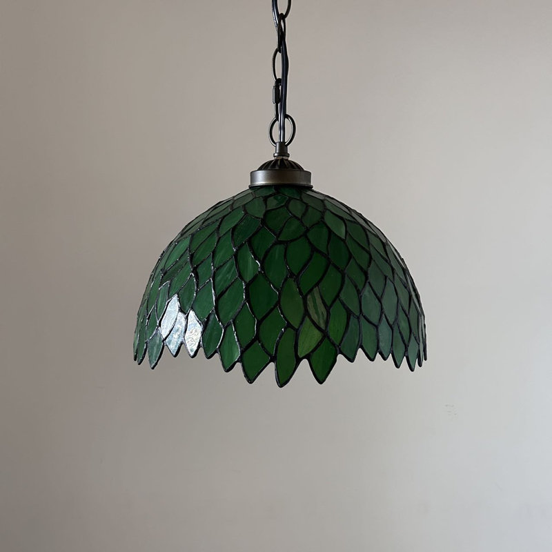 Green Stained Glass Leaves LED Pendant Light with Bronze Finish