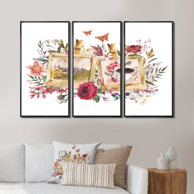 Arrangement floral rétro - ensemble de 3 peintures encadrées sur toile flottante