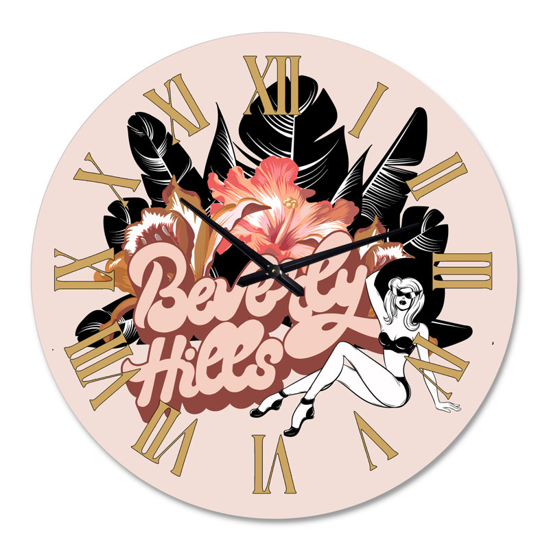 Beverly Hills, jolie fille avec des fleurs - horloge murale moderne, Moyen